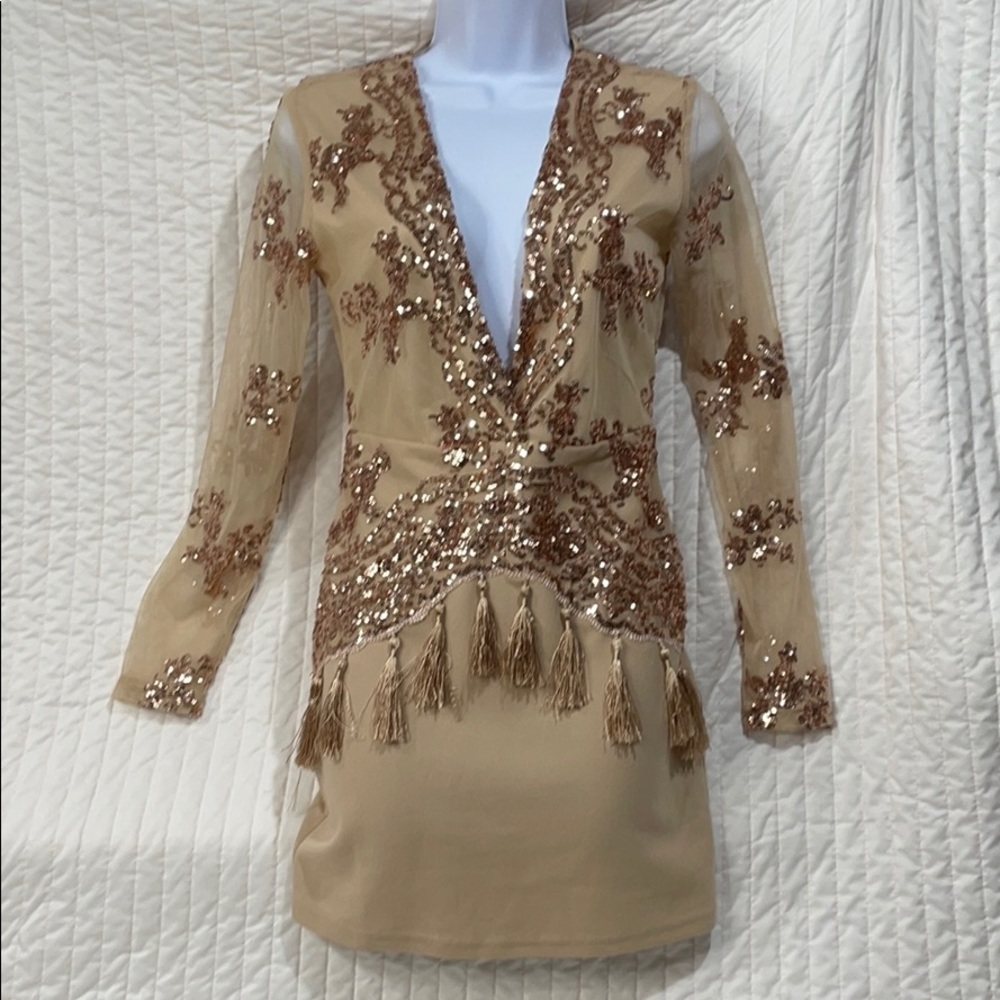 NASTY GAL Formal dress Sheer Tassles V Neck Gold
